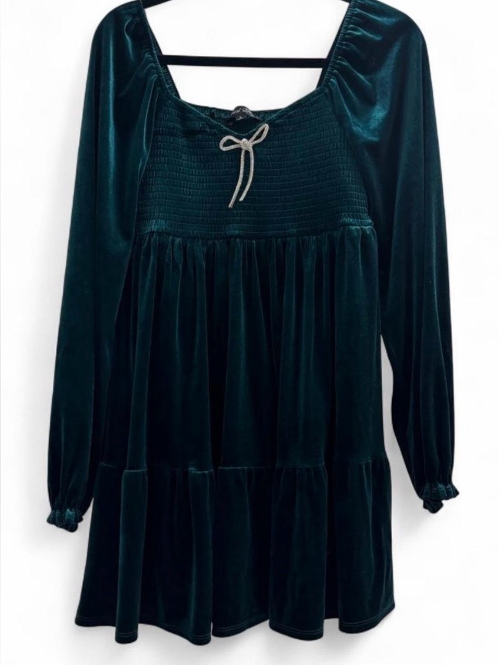 Crystal Doll Velvet Rhinestone Bow Tiered Mini Dress Emerald Green L